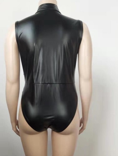 Plus Size Black Leather Fishnet Patched Zip Sleeveless Bodysuit