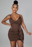 Brown V-Neck Cami Ruffles Mini Dress