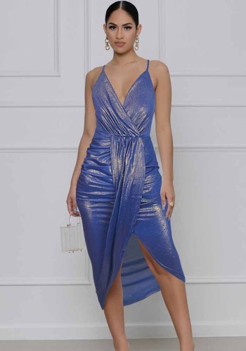 Metallic Blue V-Neck Cami Midi Dress