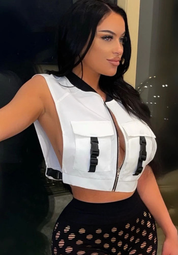 White Sleeveless Zippers Up Buckle Bandage Crop Top
