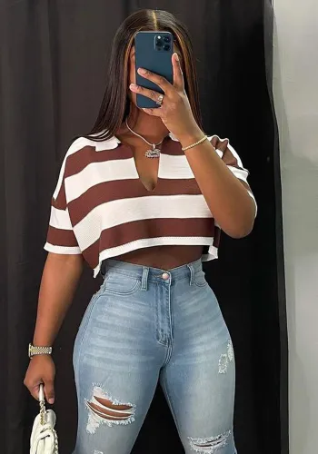 Stripes Turndown Collar Drop Shoulder Short Sleeves Crop Top