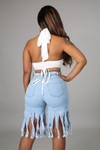 Blue High Waist Fringed Ripped Jeans Shorts with Pocket