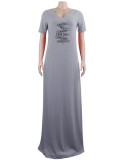 Point Print Grey V-Neck Short Sleeves Wide Maxi Dress