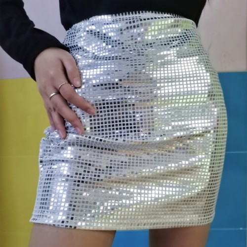 Shiny Silver Mid Waist Sheath Mini Pencil Skirts