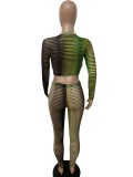 Striped Print Green O-Neck Long Sleeve Tight Crop Top and Pants 2PCS Set