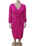 Plus Size Rose Wrap V-Neck Long Sleeve Fitted Midi Dress with Belted