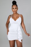 White V-Neck Cami Ruffles Mini Dress