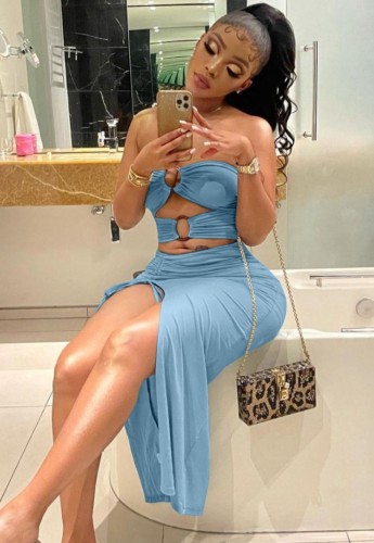 Blue O-Ring Strapless Sleeveless Hollow Out Slit Long Dress