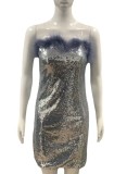 Silver Sequin Fur Trim Strapless Sleeveless Slim Fit Mini Dress