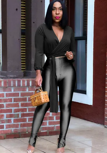 Black V-Neck Long Sleeves Crop Top and High Waist Tight Pants 2PCS Set