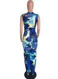 Tie Dye Print Deep-V Sleeveless  Slit Maxi Dress