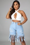 Blue High Waist Fringed Ripped Jeans Shorts with Pocket