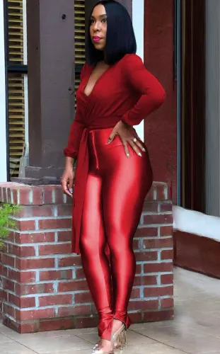 Red V-Neck Long Sleeves Crop Top and High Waist Tight Pants 2PCS Set
