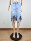 Blue High Waist Fringed Ripped Jeans Shorts with Pocket