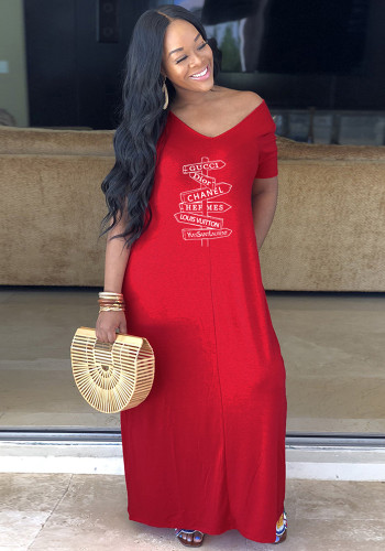 Point Print Red V-Neck Short Sleeves Wide Maxi Dress