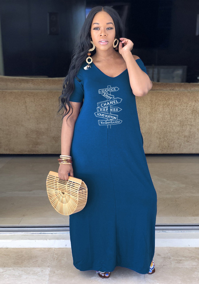 Point Print Blue V-Neck Short Sleeves Wide Maxi Dress