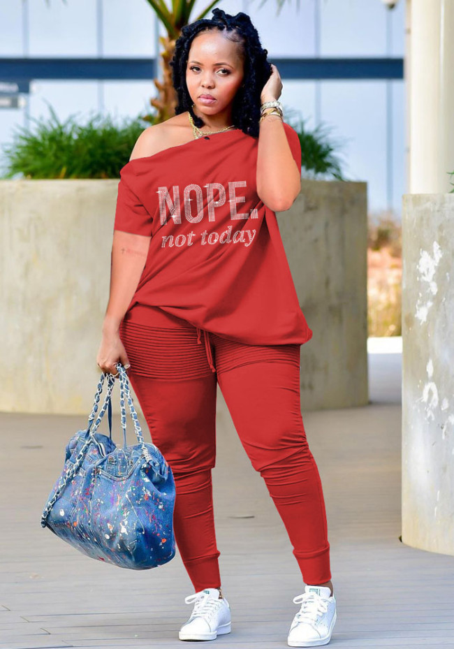 Plus Size Letter Print Red Slant Shoulder Short Sleeves Button Loose Top and Pants 2PCS Set