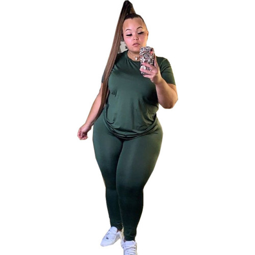 Army Green Basic Plus Size Two Piece Pants Set
