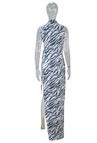 Zebra Print O-Neck Sleeveless Open Side Irregular Maxi Dress