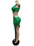 Green O-Neck Sleeveless Hollow Out Irregular Maxi Dress