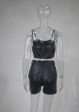 Black PU Leather Cami Bustier Crop Top and Shorts with Long Sleeve Small Cardigan 3PCS Set