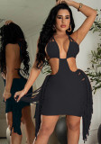 Black Cut Out Halter Sleeveless Backless Fringed Cami Mini Dress