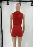 Red Zippers Up Sleeveless Hoody Crop Top and Shorts 2PCS Set