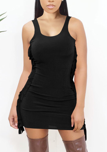 Black O-Neck Sleeveless Tassel Mini Vest Dress