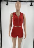 Red Zippers Up Sleeveless Hoody Crop Top and Shorts 2PCS Set