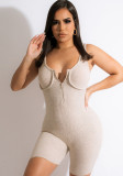 Beige Zipper Up Sleeveless Slinky Tank Rompers