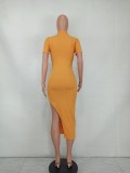 Orange Turndown Collar V-Neck Short Sleeves Slit Long Dress