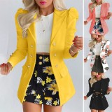 Yellow Turndown Collar Long Sleeves Button Blazer and Black Floral Skirt 2PCS Set