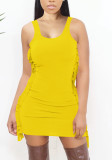 Yellow O-Neck Sleeveless Tassel Mini Vest Dress