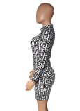 Geometric Print High Neck Long Sleeves Mini Slinky Dress