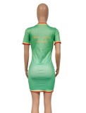 Green V-Neck Short Sleeves Slim Fit Mini Dress