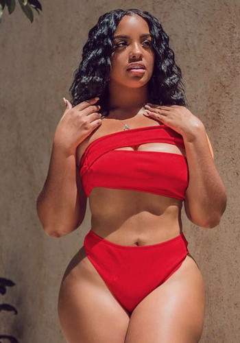Red One Shoulder Hollow Out Bikini Two Piece Set