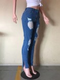 Blue Midi Waist Ripped Bodycon Jeans with Pocket