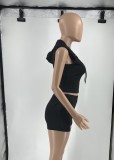 Black Zippers Up Sleeveless Hoody Crop Top and Shorts 2PCS Set