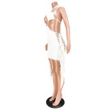 White Cut Out Halter Sleeveless Backless Fringed Cami Mini Dress