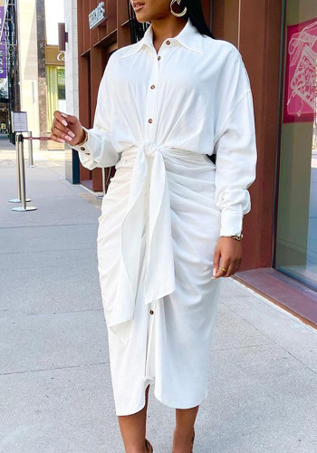 White Turndown Collar Long Sleeves Button Up Long Blouse Dress