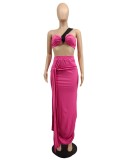 Pink One Shoulder Crop Top and High Waist Maxi Skirt 2PCS Set