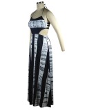 Stripe Print Black Cut Out Halter Sleeveless Backless Cami Maxi Dress