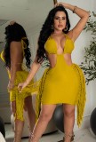 Yellow Cut Out Halter Sleeveless Backless Fringed Cami Mini Dress