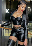Black PU Leather Cami Bustier Crop Top and Shorts with Long Sleeve Small Cardigan 3PCS Set
