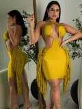 Yellow Cut Out Halter Sleeveless Backless Fringed Cami Mini Dress