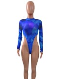 Print Blue Mesh O-Neck Long Sleeves Translucent Top and Mini Skirt 2PCS Set