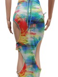 Tie Dye Halter Cami Bikini and Hollow Out Maxi Skirt 3PCS Set
