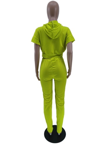 Green Short Sleeves Hoody Crop Top and High Waist Lace Up Pants 2PCS Set
