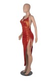 Red Metallic Halter Sleeveless Backless Cami Long Dress