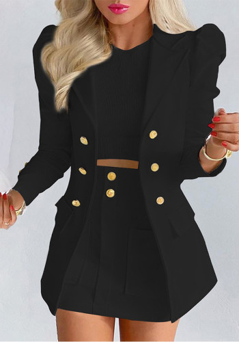 Black Turndown Collar Long Sleeves Button Blazer and Skirt 2PCS Set